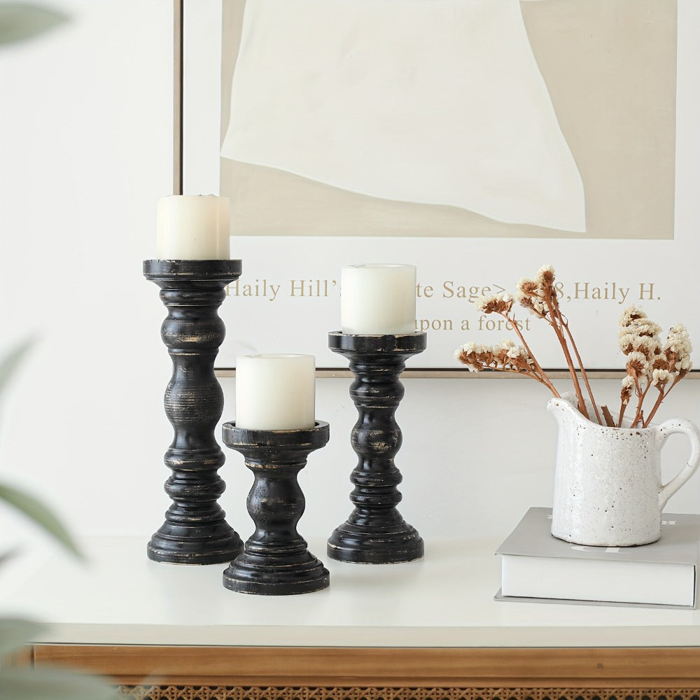 Wood Pillar Candle Holder Set of 3 - Farmhouse Rustic Wooden Candlestick Holders for Pillar Candles, Tiered Tray Decor, Table Centerpiece, Mantel Shelf Home Decor, White Black Brown