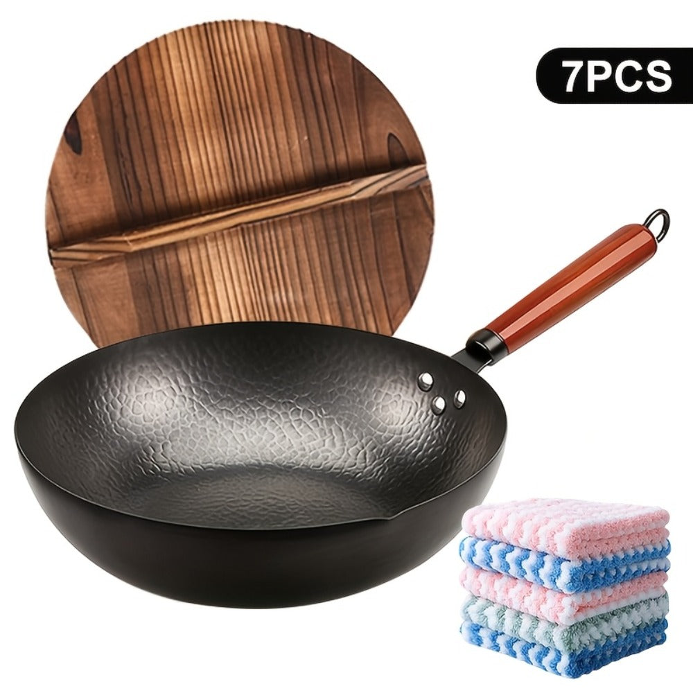 Carbon Steel Wok Set with Lid & Accessories ¨C 14-Piece Non-Stick Stir Fry Pan 12.6¡± for Gas Electric Induction All Stoves | Wok Pan with Spatula Brush Ring Utensils Kitchen Cooking Set
