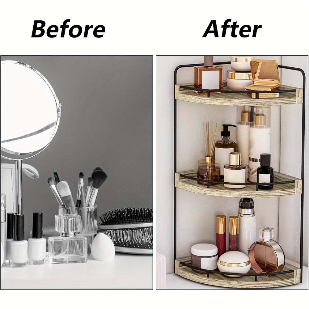 3-Layer Rustic Corner Countertop Storage Rack ¨C 16.93¡± Wooden Vanity Organizer & Space-Saving Shelf for Bathroom, Kitchen & Bedroom ¨C Farmhouse Corner Shelf for Countertop Display & Organization