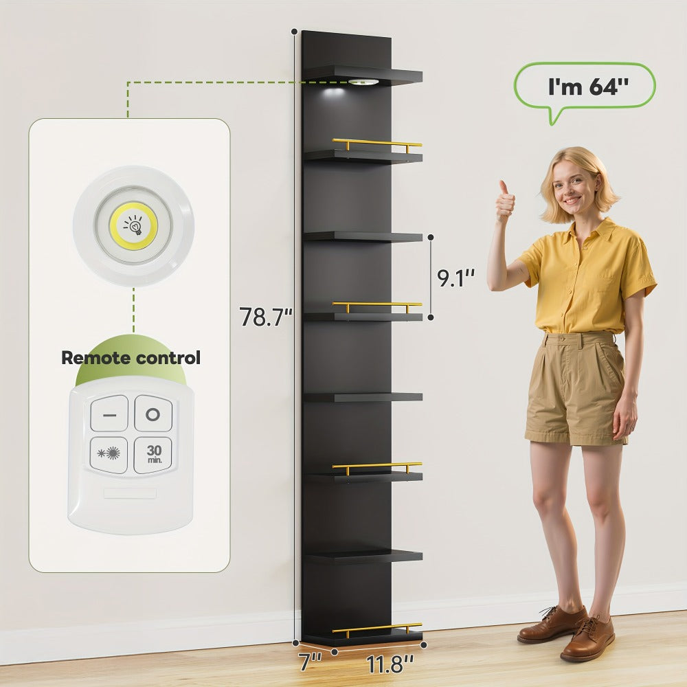 Floating Wall Shelves with LED Light - 6 & 8 Tier Wall Mounted Display Shelf Unit with Anti-Slip Rails for Bedroom, Living Room, Bathroom, Office & Dorm - Modern Space Saving Shelf (Black / White)