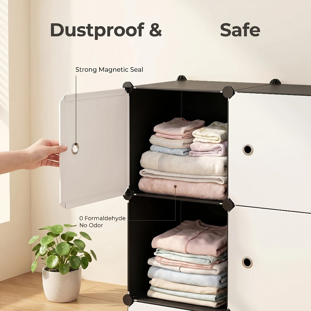 Modular Storage Cabinet with Magnetic Door, 3-Tier & 4-Tier Closet Organizer, Large Capacity Wardrobe Storage Unit, Dust-Proof Odor-Free Stackable Shelves, Easy Assembly for Bedroom Dorm Apartment Living Room
