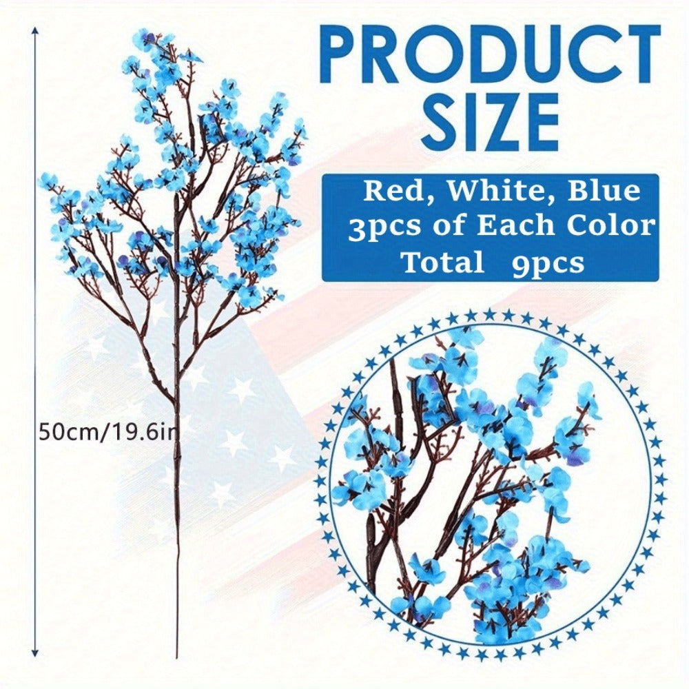 Artificial Baby's Breath Flowers 9pcs ¨C Red White Blue Gypsophila Fake Flowers for Independence Day, Patriotic Party, Home Decor, Tabletop & Seasonal Holiday Floral Arrangements