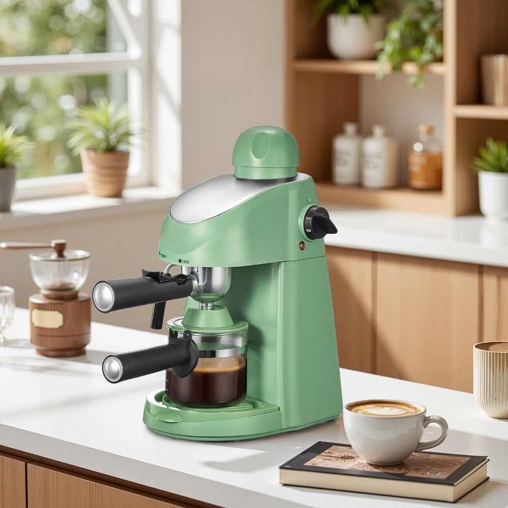 Espresso Machine 3.5Bar with Milk Frother Steam Wand Makes 4 Cups Cappuccino Latte Espresso Maker Compact Easy Clean Removable Portafilter Drip Tray Black Green