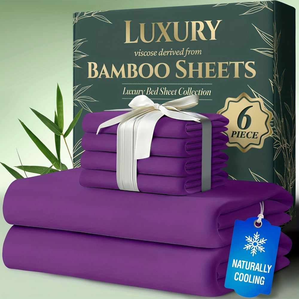 Cooling Bamboo Bed Sheet Set 6pcs Ultra Soft Deep Pocket 17 Inch Double Stitching Breathable Sheets for Hot Sleepers Twin Full Queen King
