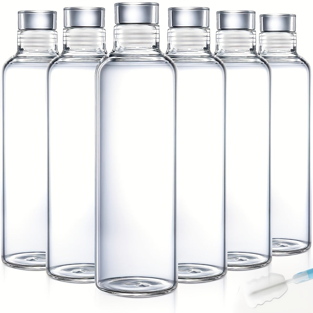 Borosilicate Glass Water Bottle Set of 6 with Lid Sleeve and Cleaning Brush ¨C 18oz Reusable Juice Bottles | Non-Slip Sports Drinking Vessels for Home Office Gym Travel