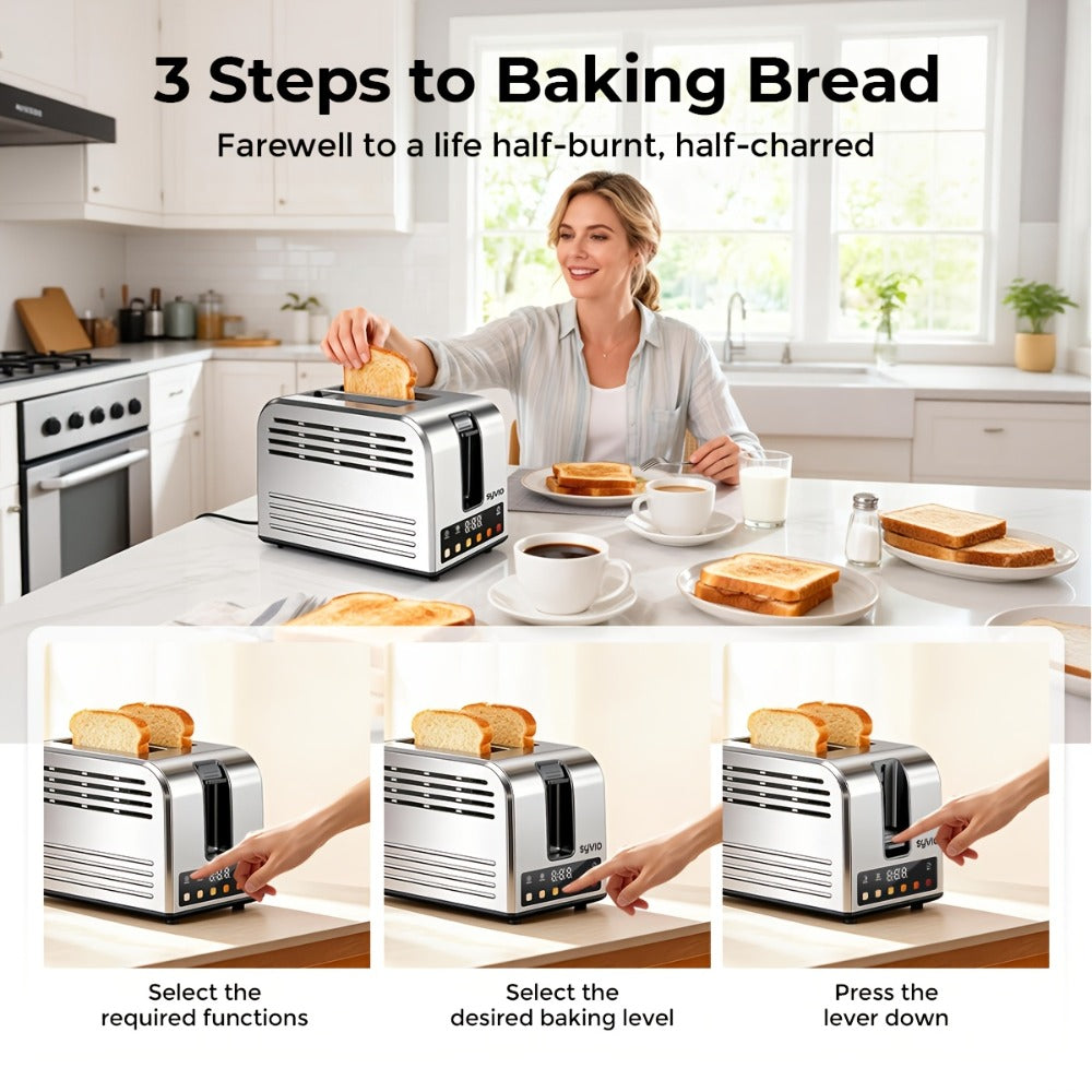 Toaster 2-Slice Stainless Steel Smart Touchscreen ¨C 5 Bread Types, 6 Browning Levels, Wide Slots, Temperature Control, Removable Crumb Tray, Compact Kitchen Toaster