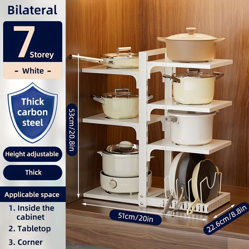 Kitchen Storage Rack Multi-Tier Adjustable - Drain Organizer for Pots Pans and Cutlery with Paint Finish, Floor Standing or Wall Mountable Pot Rack for Kitchen Counter and Cabinet, Available in 2 to 7 Tiers in Black White and Grey