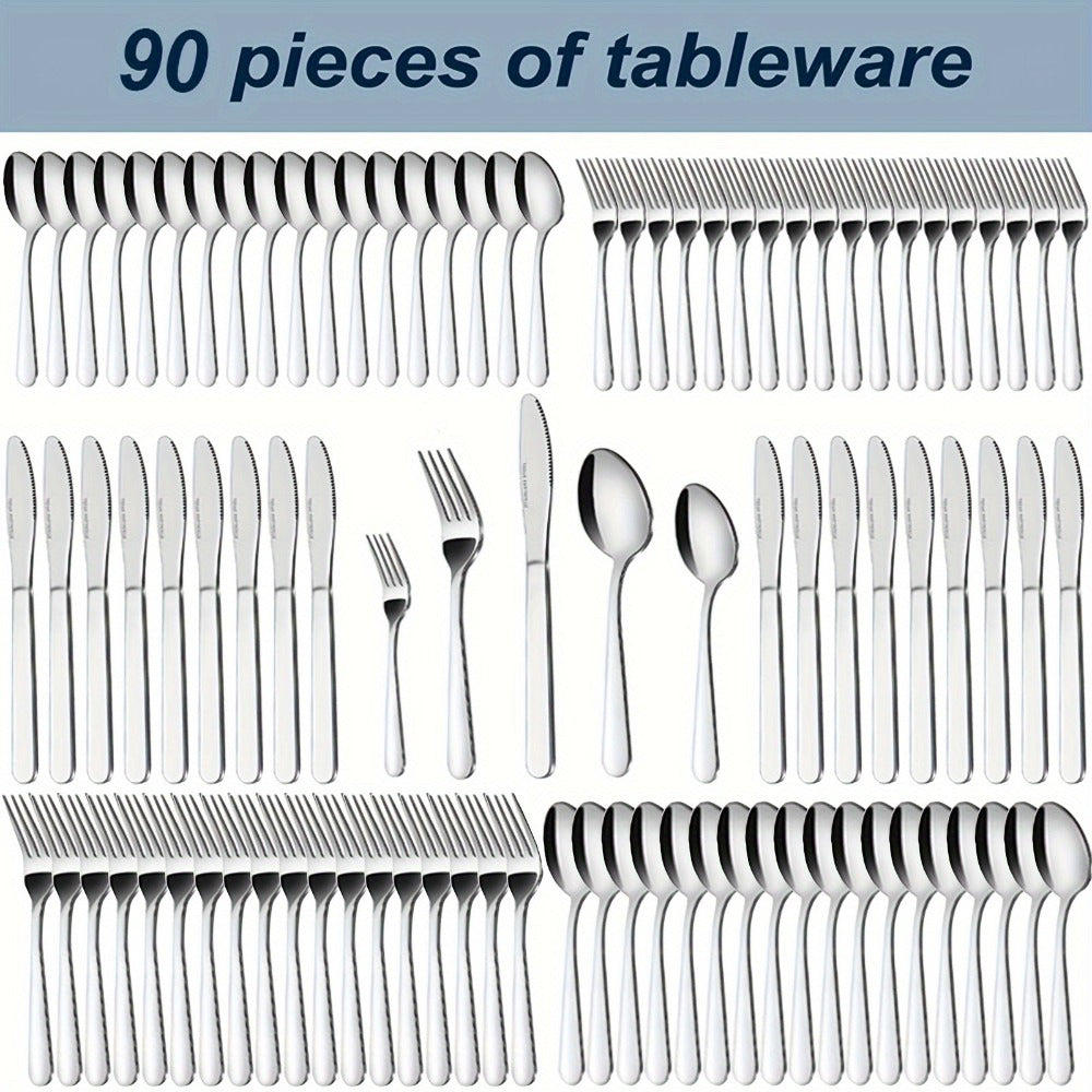 Stainless Steel Silverware Set 60 or 90 Piece with Gift Box ¨C Service for 12 or 18, Includes Steak Knives, Salad Forks & Dessert Spoons, Dishwasher Safe Cutlery for Home, Wedding & Outdoor