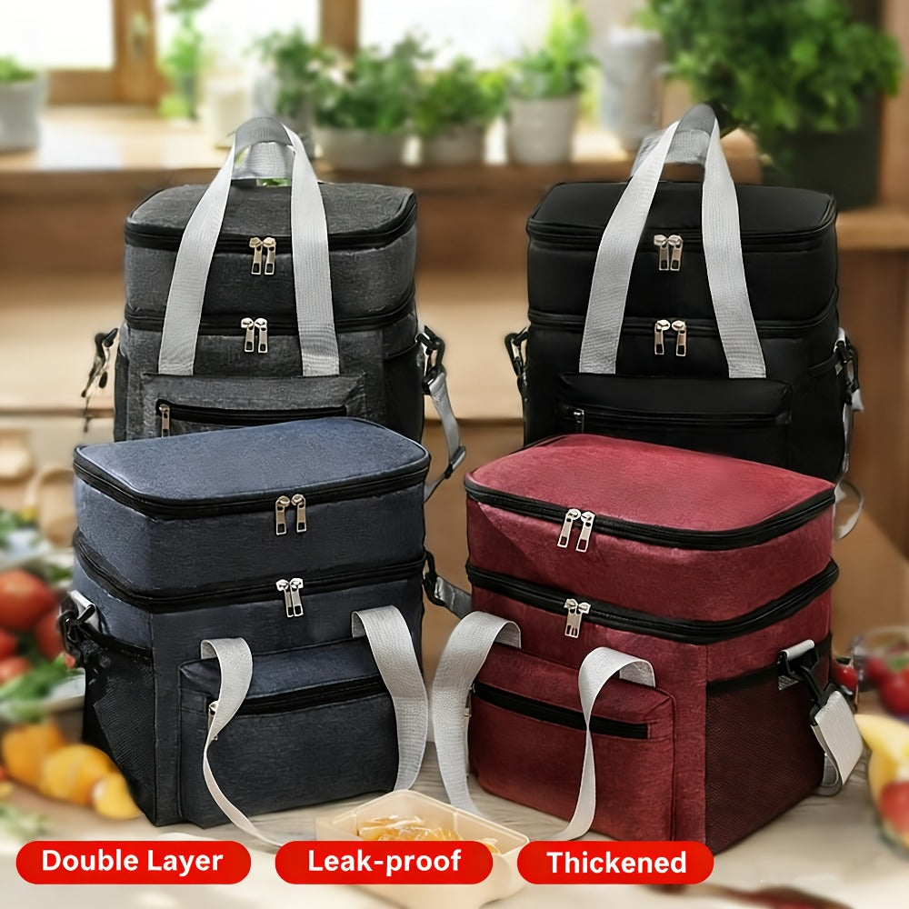 Insulated Lunch Bag Large Double Layer Leakproof Cooler Tote Bag with Adjustable Crossbody Strap for Men Women Office Picnic Travel Camping in Black Grey Burgundy Blue