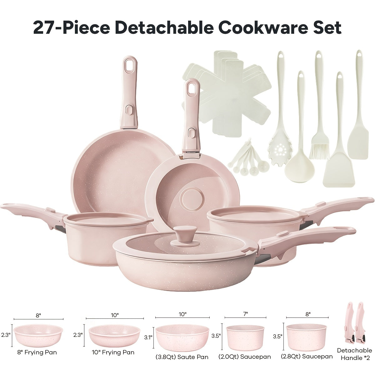 Nonstick Cookware Set 23 & 27 Piece with Removable Handles ¨C Induction Oven Dishwasher Safe Pots and Pans | Non-Toxic Frying Pans Saucepans Space-Saving Kitchen Cooking Set in Beige & Pink