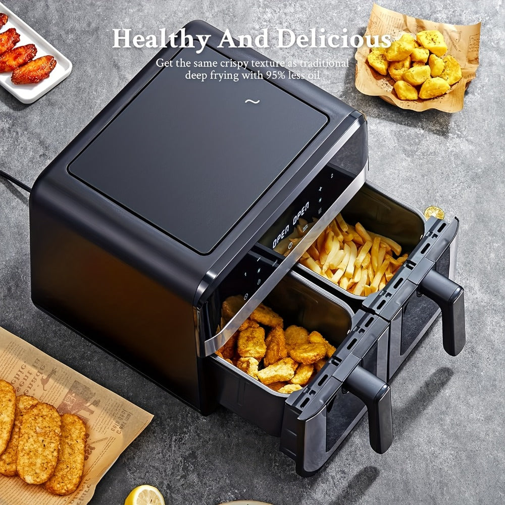 Dual Basket Air Fryer 9.5Qt ¨C 2x4.75Qt Independent Zones, Smart Finish Match Cook, 2400W, 8 Presets, Air Fry Roast Bake Grill, Energy Saving Family-Size Double Basket Air Fryer