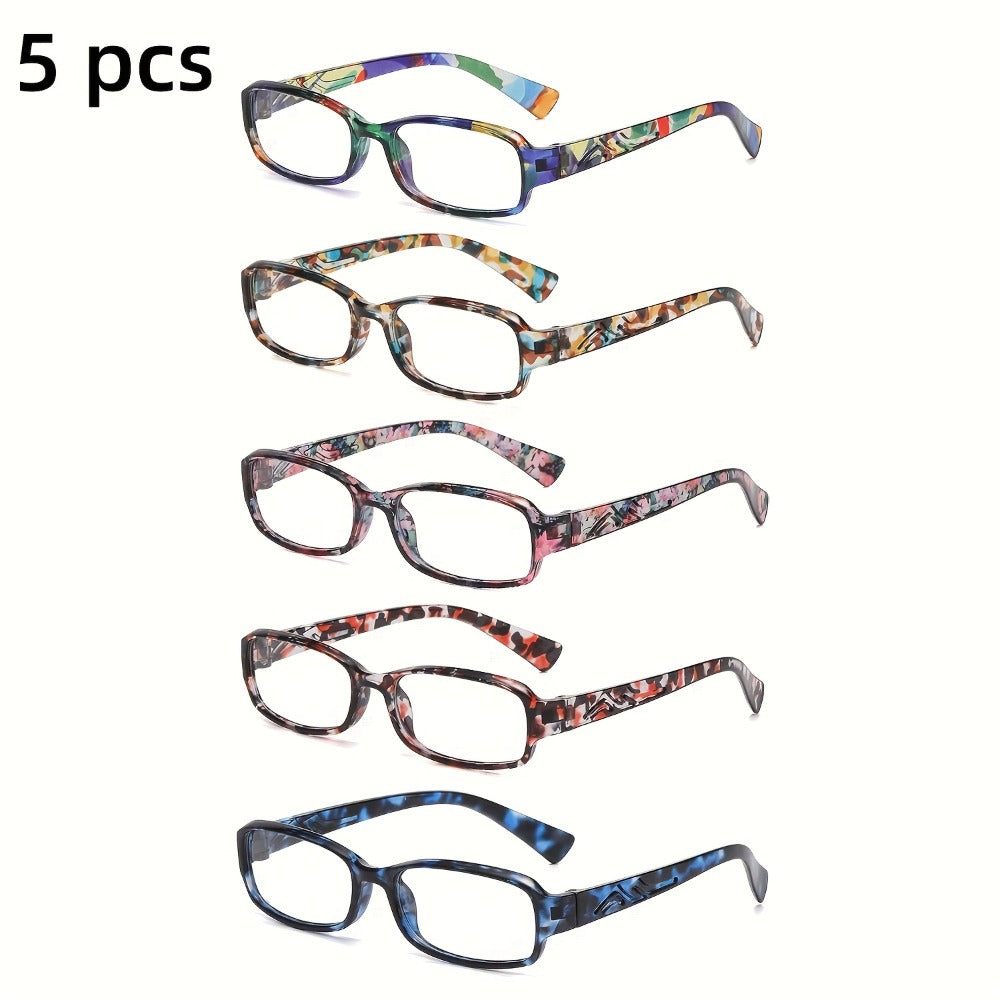 Reading Glasses 5 Pairs Square Fashion Printed Multicolor Frames Men Women 1.0X-4.0X Magnification High Definition Lenses Daily Office Use