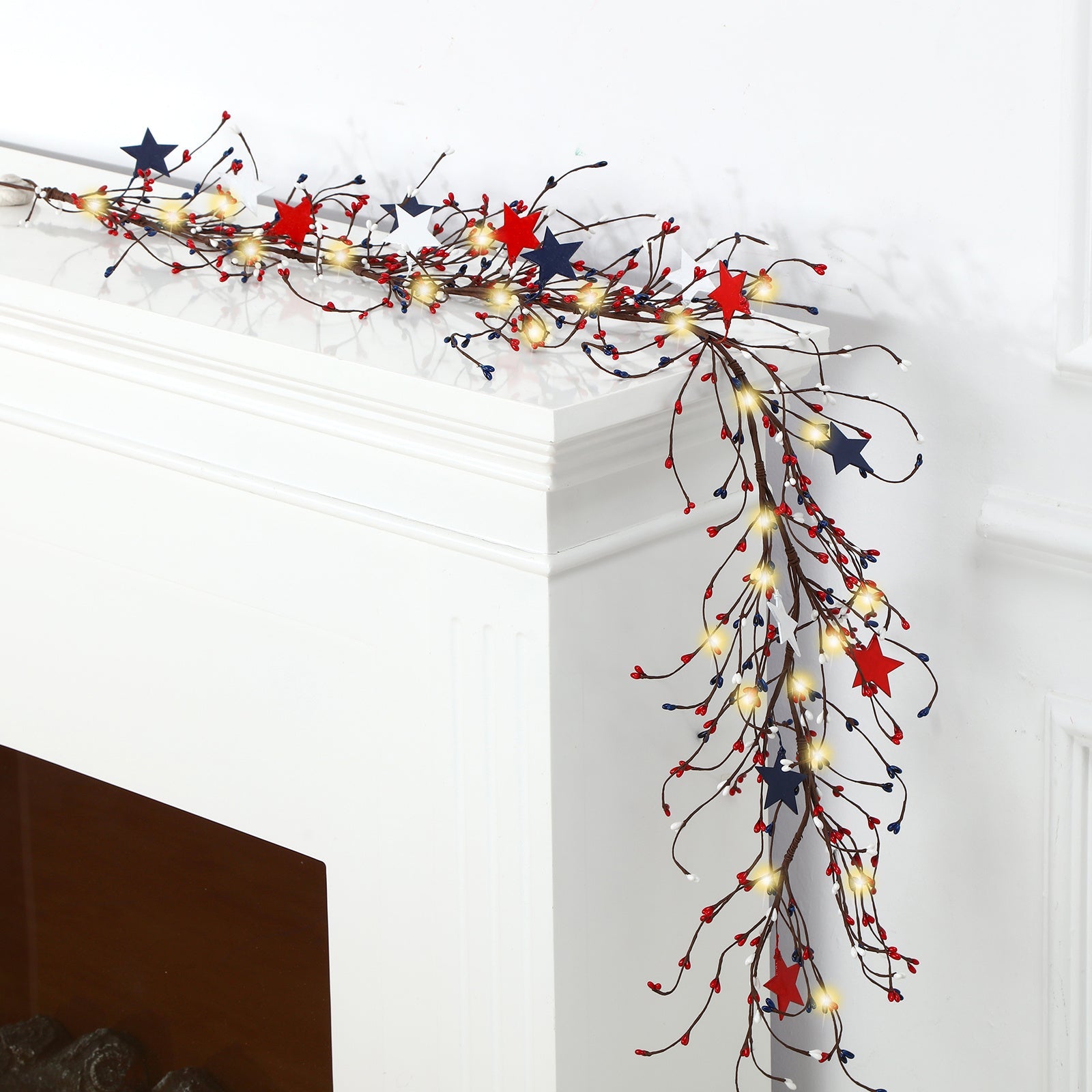 4th of July Garland with Fairy Lights 4.5Ft Patriotic Red White Blue Garland with 30 LED Lights Metal Stars Berry Branches Independence Day Door Decor Mantle Wreath Ornament