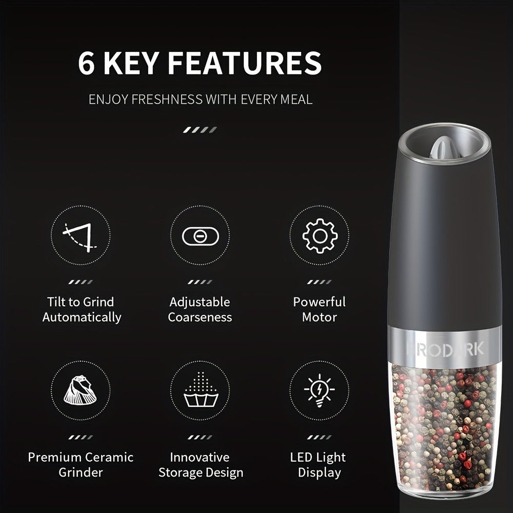 Electric Salt and Pepper Grinder Set Battery Powered Gravity Sensor | One-Hand Automatic Operation LED Light | Adjustable Coarseness Mill Shaker | Kitchen Gadget Gift Idea in Black & Silver