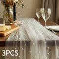 White Pearl Beaded Tulle Table Runner 2.5¡Á9.8ft | Wedding Ceremony Backdrop, Birthday Party & Valentine's Day Romantic Decor, Sheer Mesh Fabric 3PCS