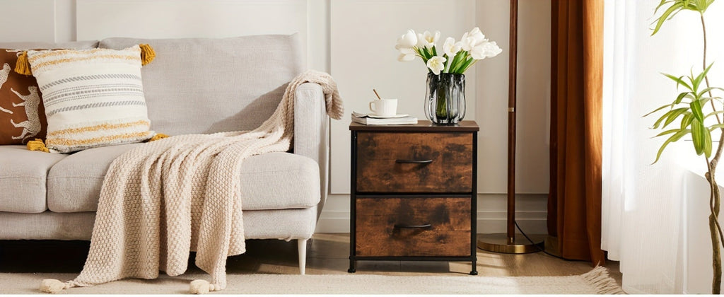 Nightstand with 2 Storage Drawers, 20¡± Bedside Table with Wooden Top & Fabric Cabinet, Steel Frame Mini Dresser for Bedroom, Dorm, Living Room ¨C 1pc or Set of 2pcs, Black White Grey Rustic Brown