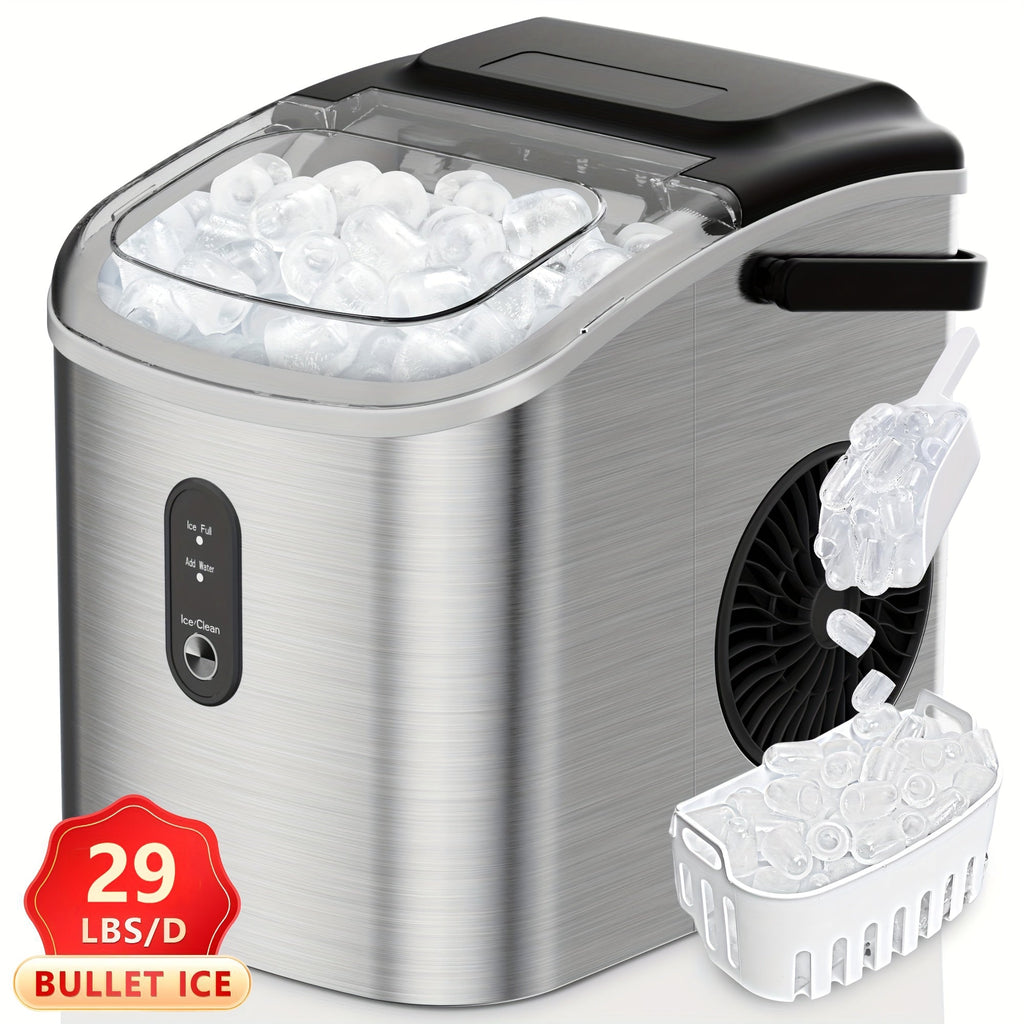 Portable Ice Maker Countertop ¨C Bullet Ice Machine 26-29 Lbs Daily, 9 Ice Cubes in 6 Mins, Self-Cleaning, Quiet Under 45dB, with Handle, Basket & Scoop, for Home, Kitchen, Camping & RV