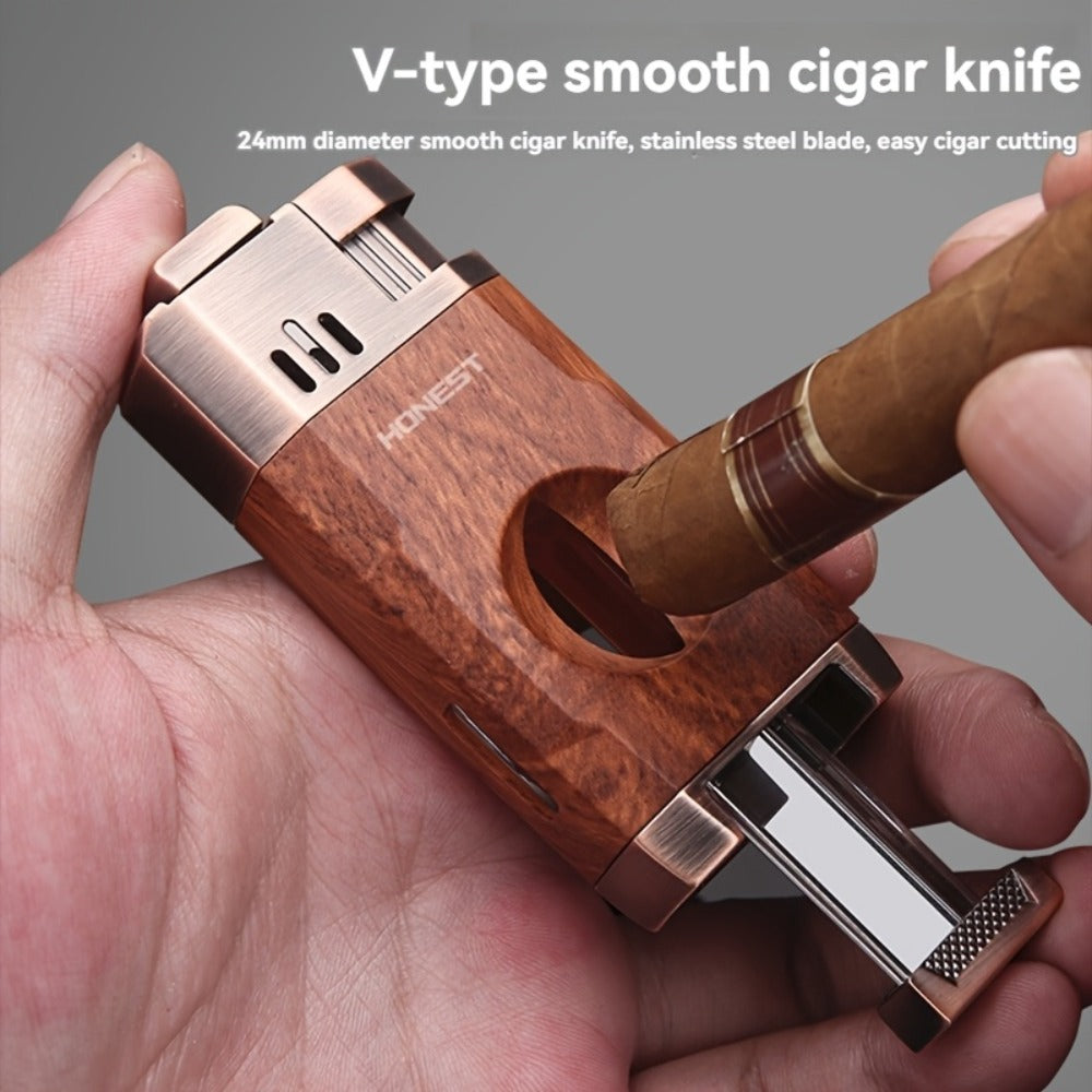 Cigar Torch Lighter with V-Shaped Cigar Cutter Built-in Clip Dual Windproof Jet Flame Visible Gas Window Integrated Cigar Lighter for Men Butane Gas Not Included