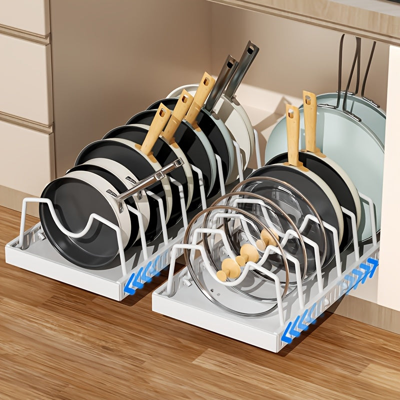 Pull Out Pot and Pan Organizer for Cabinet - Sliding Lid Rack with 8 Adjustable Dividers for Kitchen Cabinet Storage, Drill-Free Installation Pan Holder for Lids Baking Sheets and Cookware, Available in 1 or 2 Pack in Black or White