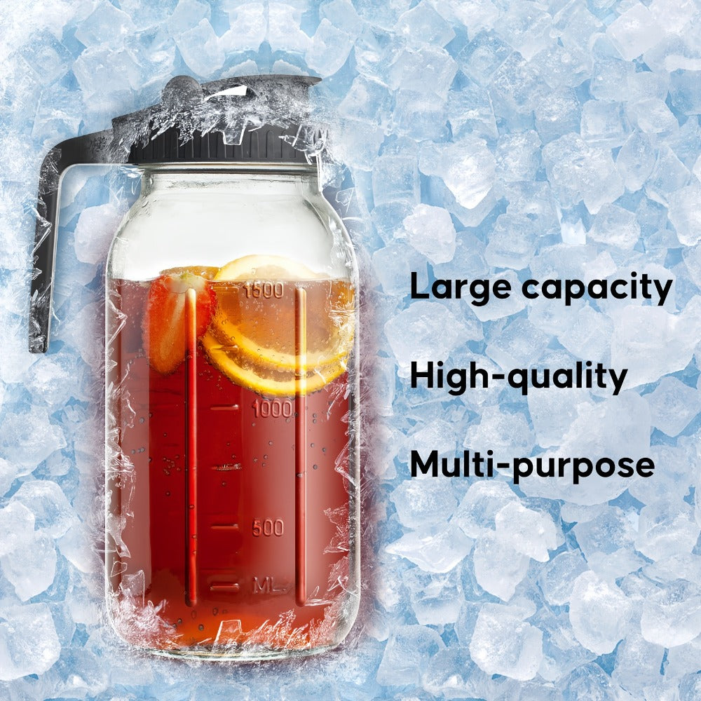 Mason Jar Pitcher 64oz Wide Mouth Glass Pitcher with Pour Spout & Handle ¨C 2 Pack Leak Proof Iced Tea Pitcher for Fridge, Coffee Creamer, Sun Tea & Juice