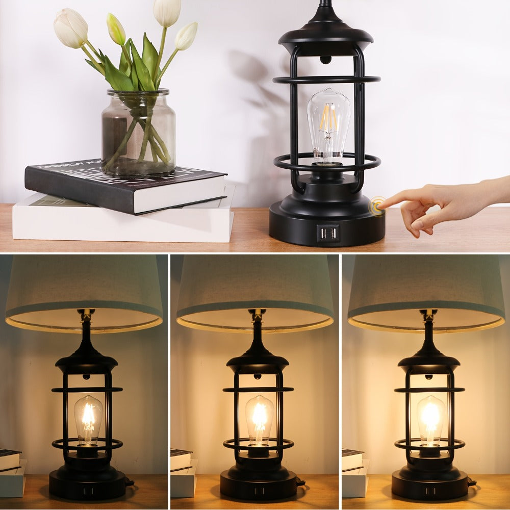 Farmhouse Table Lamps Set of 2 with 4 LED Bulbs | Touch Control 3-Way Dimmable Nightstand Lamp Dual USB Ports Natural Linen Shade Metal Black 22 Inch Bedroom Living Room