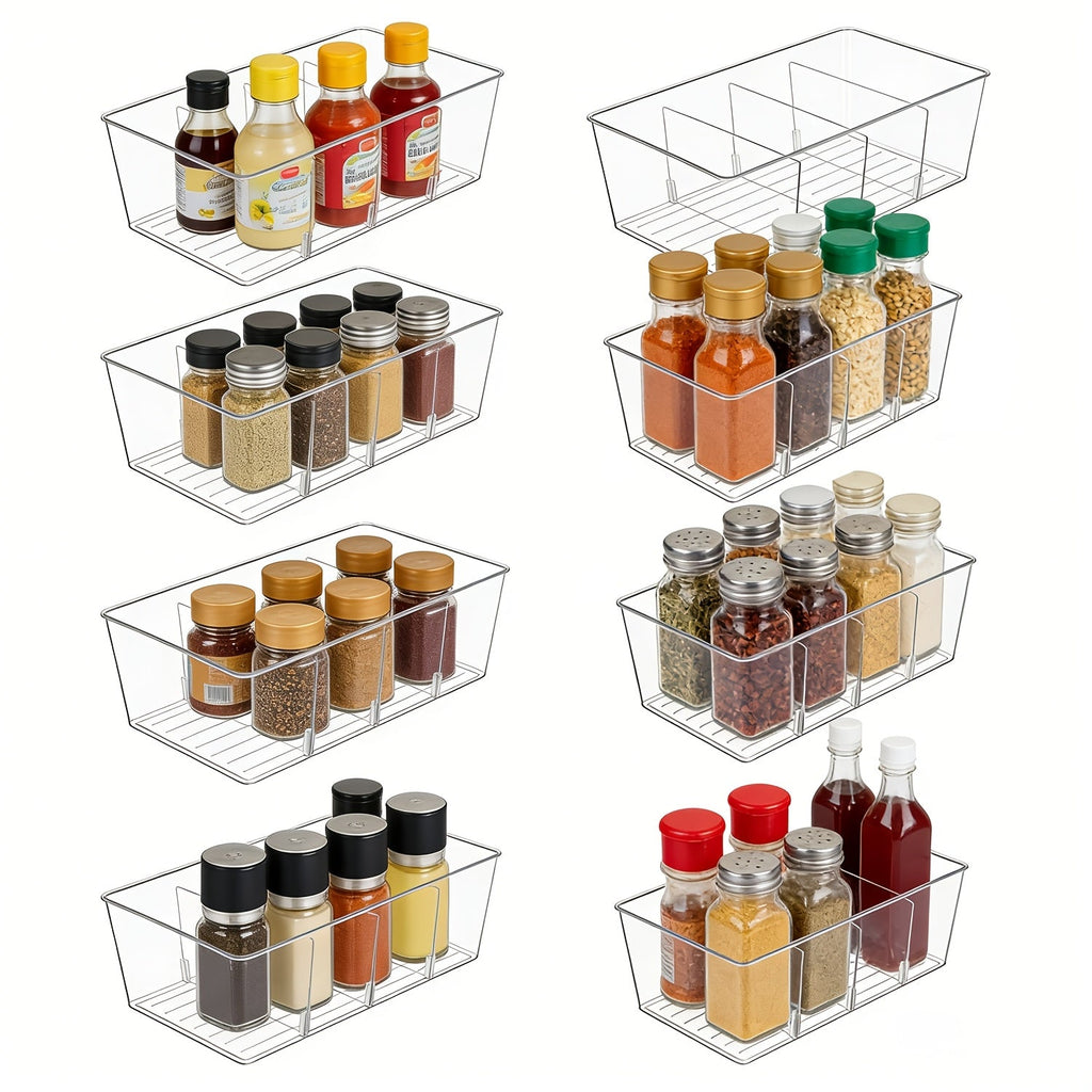Clear Pantry Storage Bins Set of 8 with Dividers - Transparent Refrigerator Organizer Bins for Kitchen Cabinet, Pantry Organization, Snack Packet Spice Pouch Storage, 10.4¡± x 6.1¡± x 3.5¡±