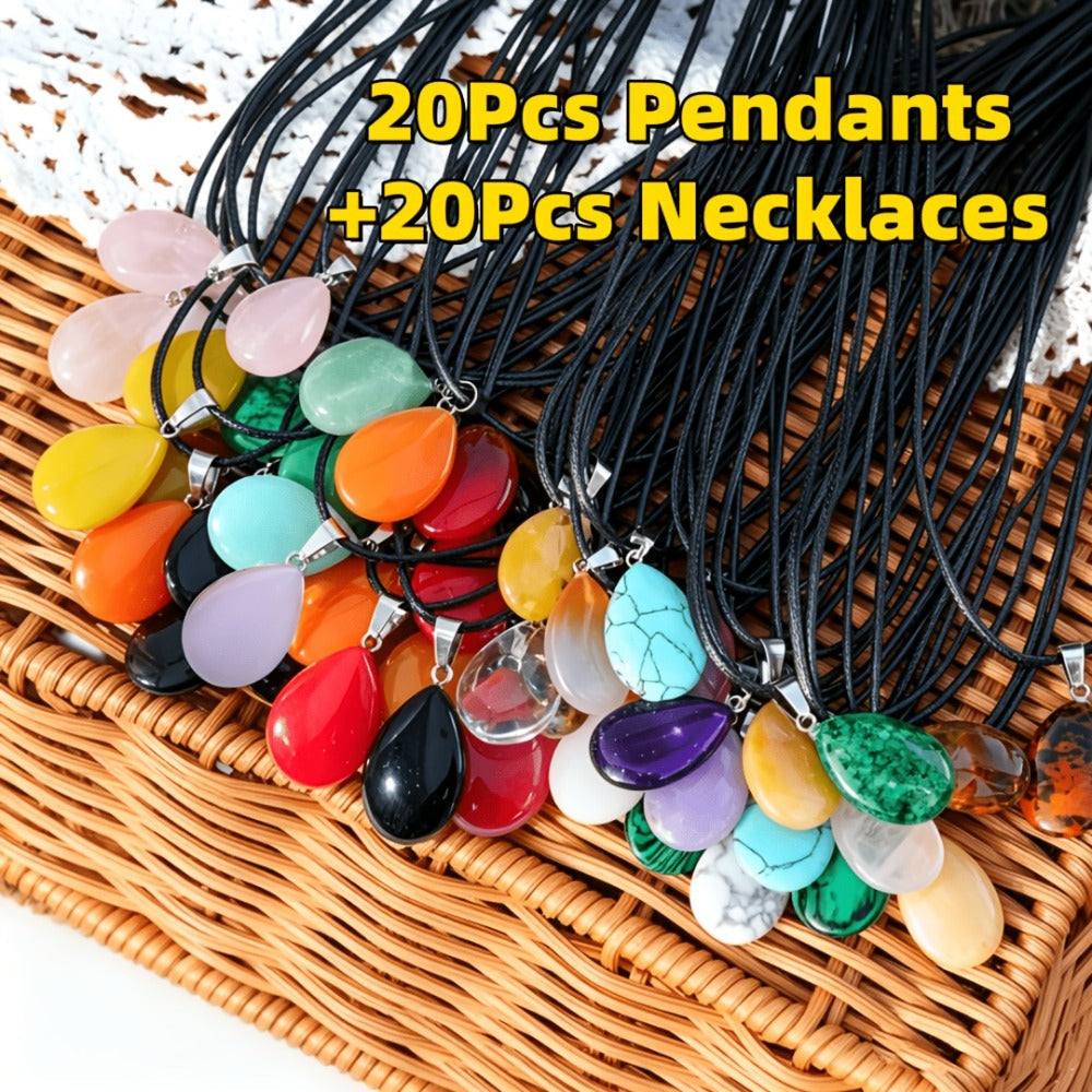 Crystal Pendant Necklace Set 40-Pack ¨C Multicolor Water Droplet Artificial Crystal Pendants with Faux Leather Cord, Fashionable Chic Jewelry for Festival, Party & Everyday Wear, Gift Idea