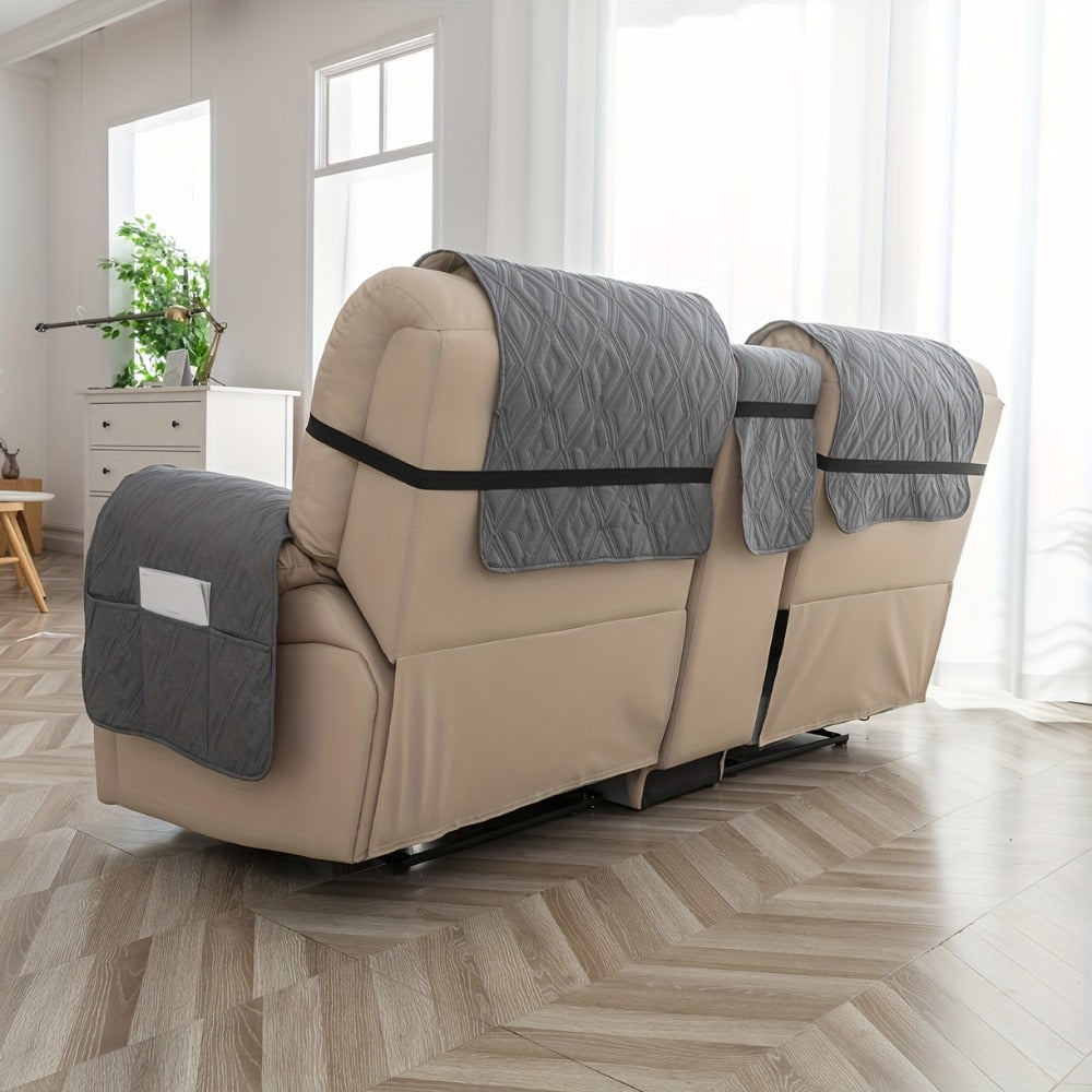 Recliner Loveseat Cover 4 Piece Set Waterproof Split Dual Recliner Sofa Slipcover with Center Console Cover & Straps - Pet Friendly Furniture Protector, Knit Polyester, 8 Colors, Black Grey Beige Navy