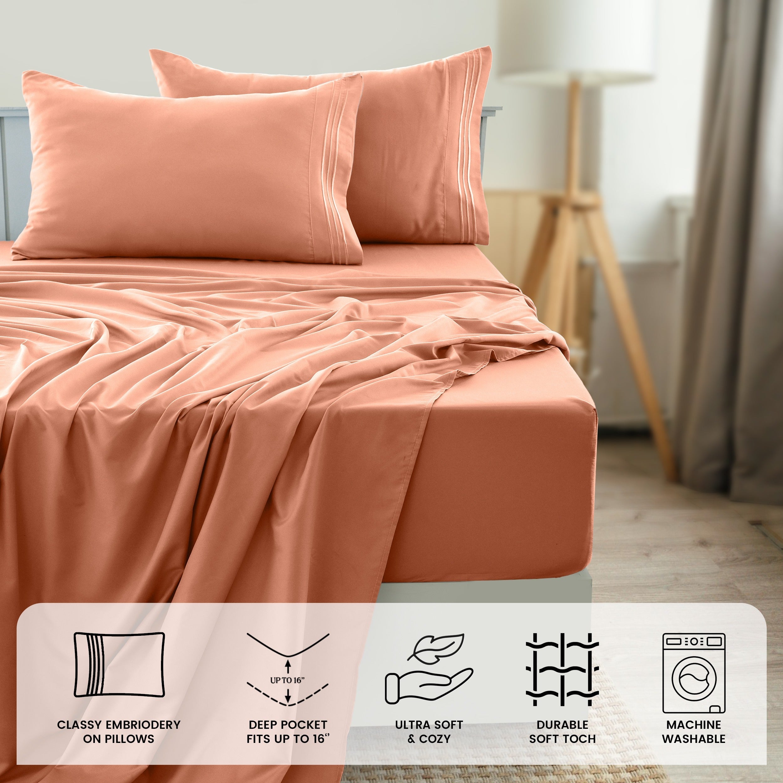 Fitted Sheet Set 6-Piece Brushed Polyester Deep Pocket Bed Sheets 20 Colors Hotel Luxury Soft Bedding with Embroidered Pillowcases