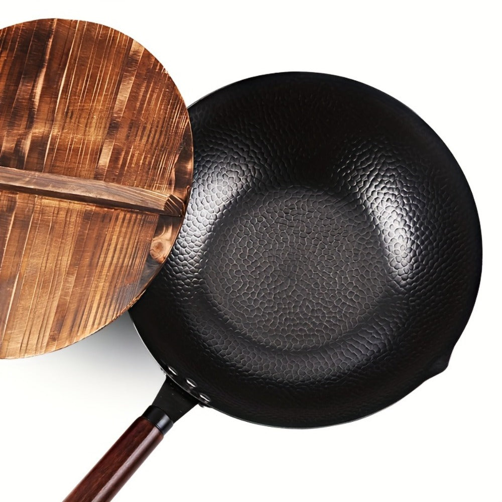 Carbon Steel Wok Pan 12.6 Inch with Lid & 10 Accessories ¨C Uncoated Chinese Stir Fry Wok, Flat Bottom for Electric Induction Gas Stoves, 11-Piece Cookware Set