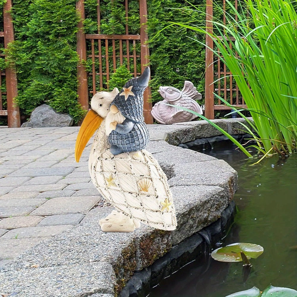 Pelican Gnome Figurine 11.5¡± ¨C Resin Coastal Beach Decor with Starfish & Seashell, Tabletop Statue for Home, Garden & Poolside ¨C Summer Gift & Nautical Decor