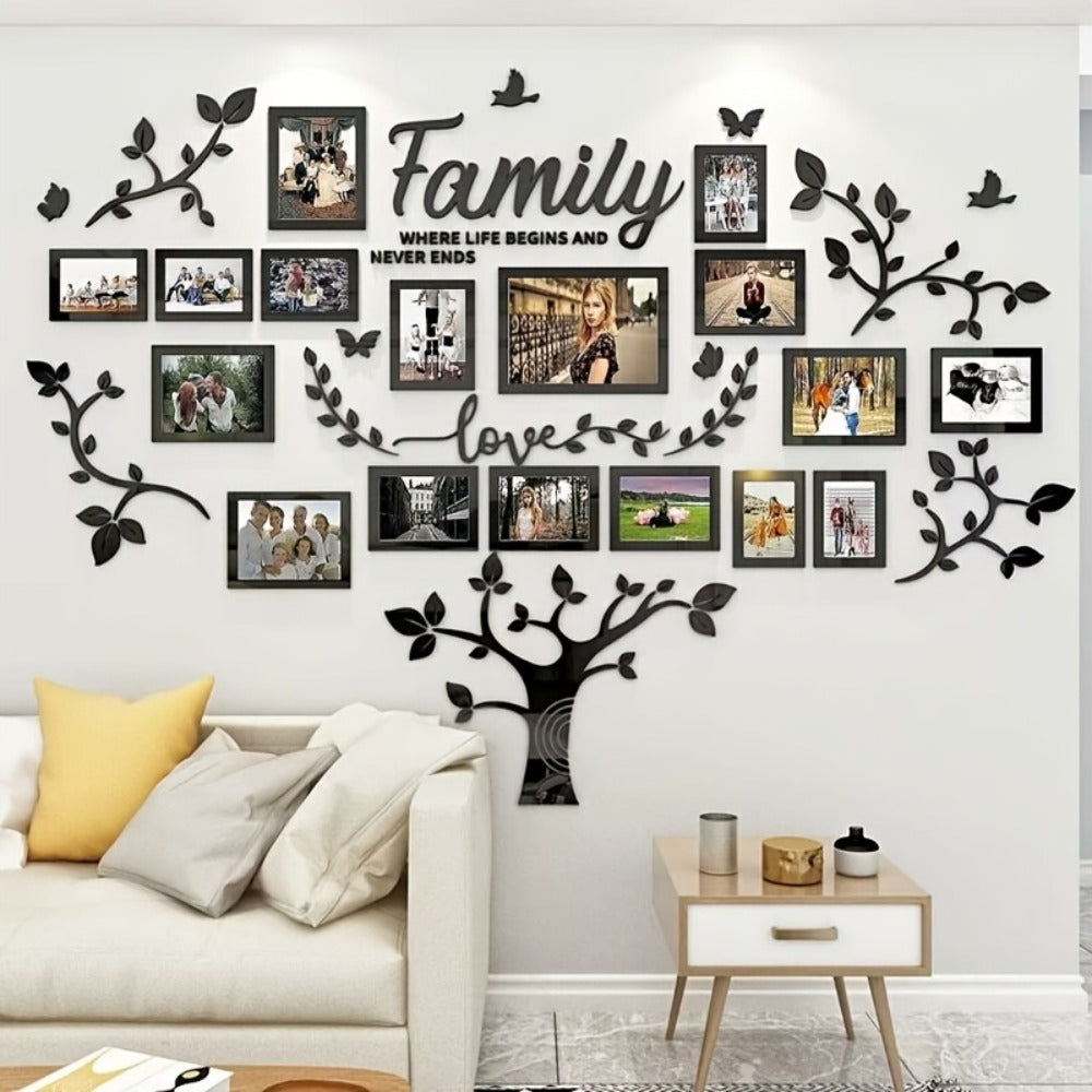 Family Tree Wall Sticker 3D Acrylic Photo Frame Collage ¨C Removable Leaf-Shaped Picture Display with ¡±Family¡± & ¡±Love¡± Text, Peel & Stick Living Room Wall Decor, 81.5 x 57.48 Inches