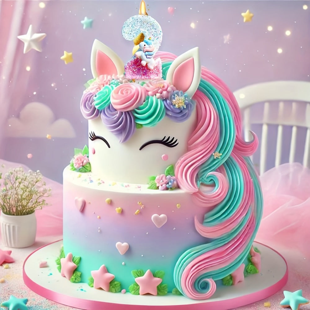 Unicorn Number Cake Topper 0-9 Birthday Party Decoration Glitter Figure Candle Topper for Birthday Anniversary Wedding Christmas Halloween Table Decor