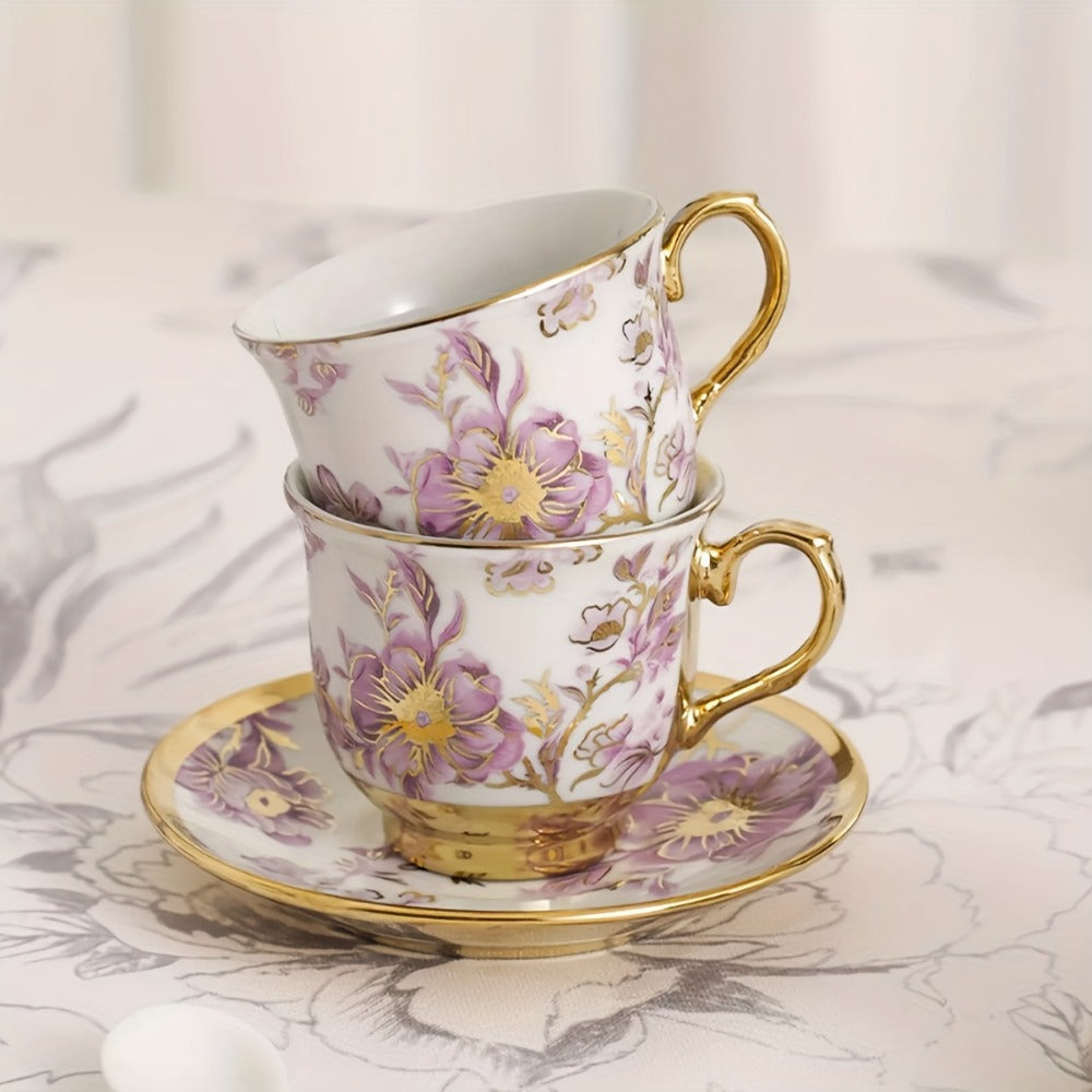 Floral Ceramic Tea Set 20 Pcs ¨C European Porcelain Tea Cups & Saucers with Metal Holder & 15 Oz Teapot ¨C Luxury Arabic Coffee Cup Set for Espresso, Cappuccino & Afternoon Tea ¨C Elegant Gift