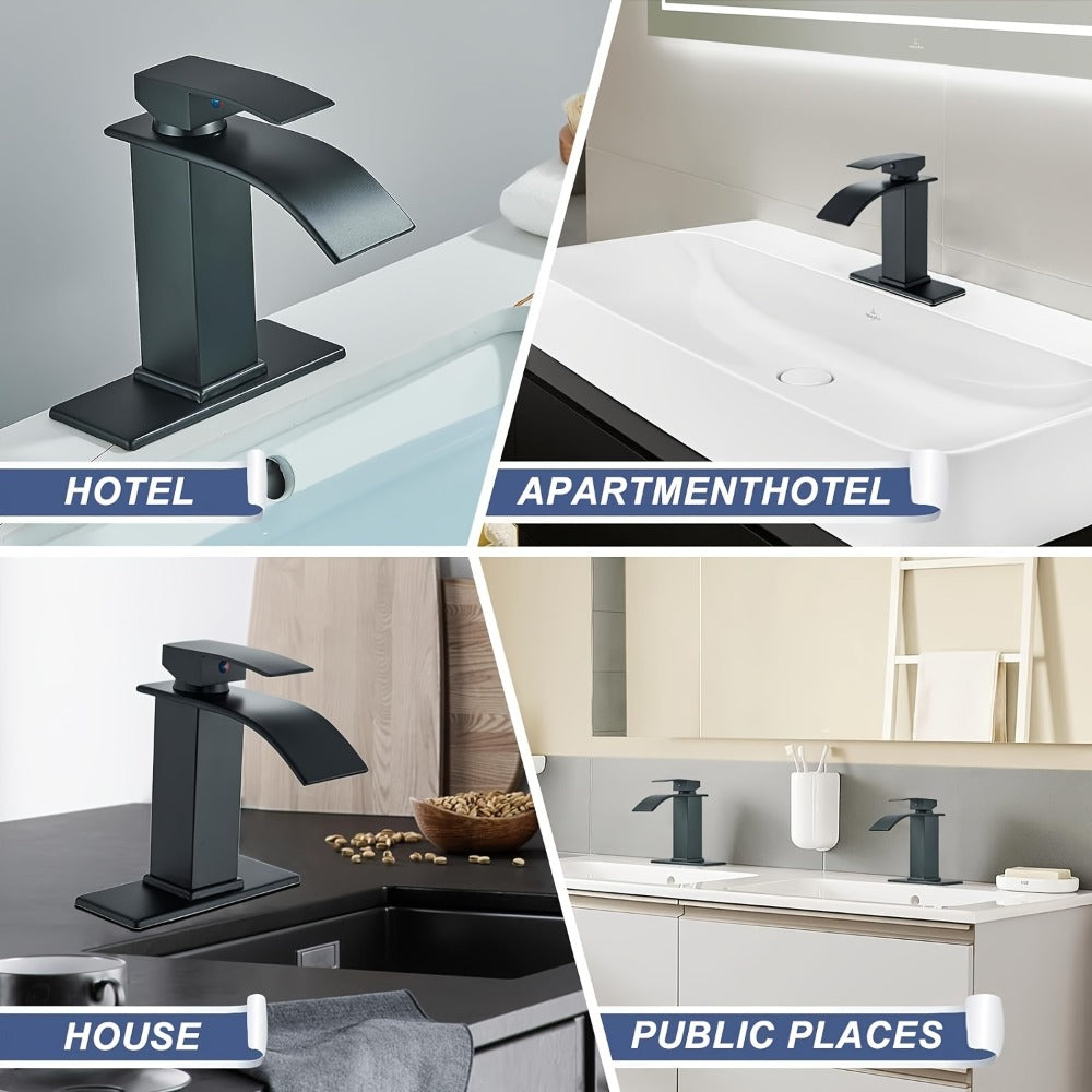 Waterfall Bathroom Faucet Single Handle - Modern Sink Faucet with Valve, Chrome & Matte Black & Brushed Nickel & Brushed Gold Finish, 1 or 3-Hole Deck Mount, G9/16 Threads, Water Supply Lines Included