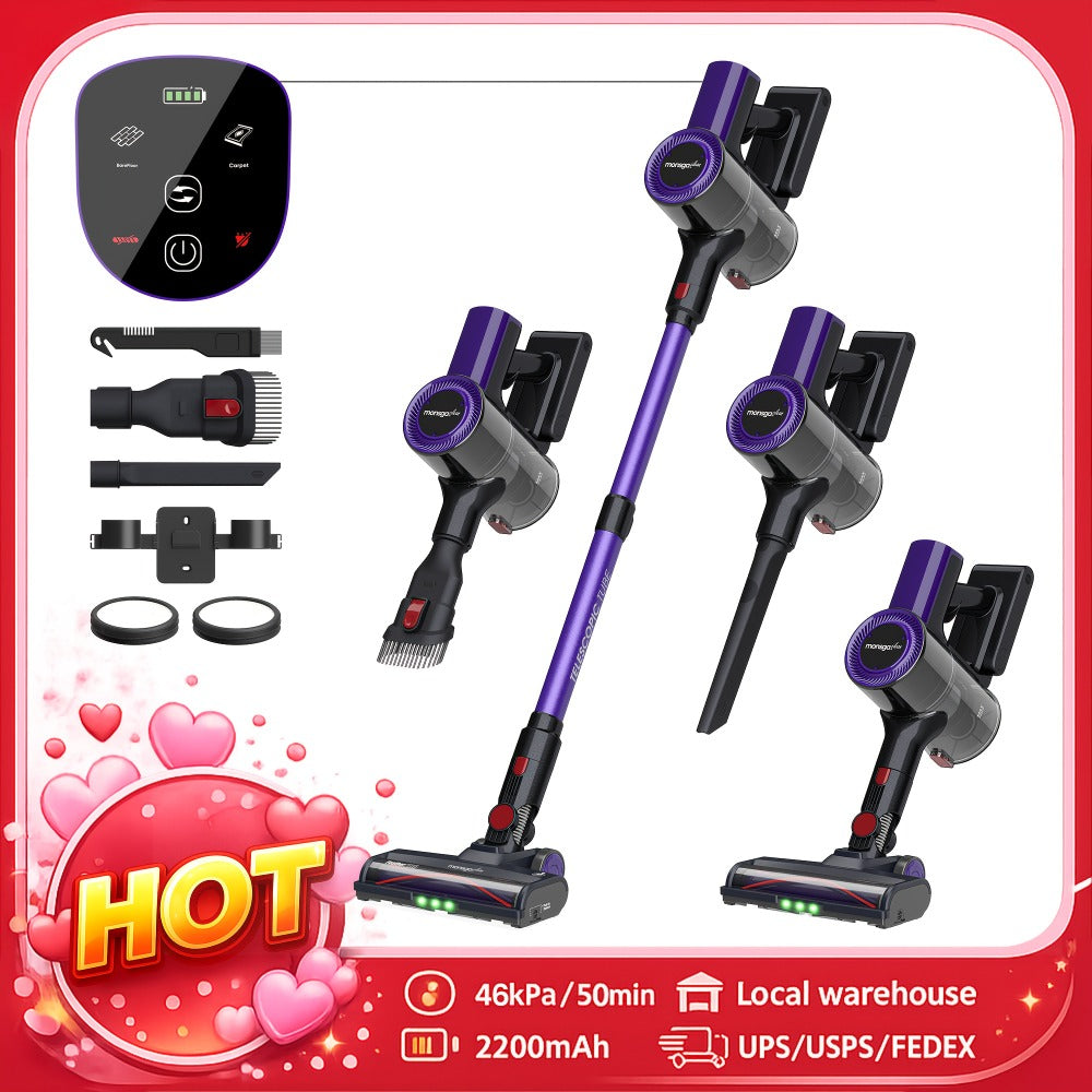 Cordless Vacuum Cleaner 46KPA Powerful Suction Lightweight Detachable Battery Anti-Tangle V-Shaped Brush 6-Stage Filtration 1.8L Dust Cup for Hard Floor Carpet Pet Hair Home