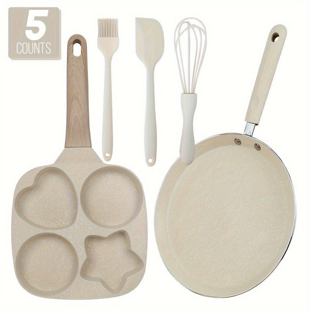 Non-Stick Cookware Set 5-Piece Beige ¨C Pumice Stone Coating Egg Frying Pan Pancake Skillet with Kitchen Utensils | Aluminum Induction Compatible Home Cooking Set for Eggs Pancakes & Breakfast