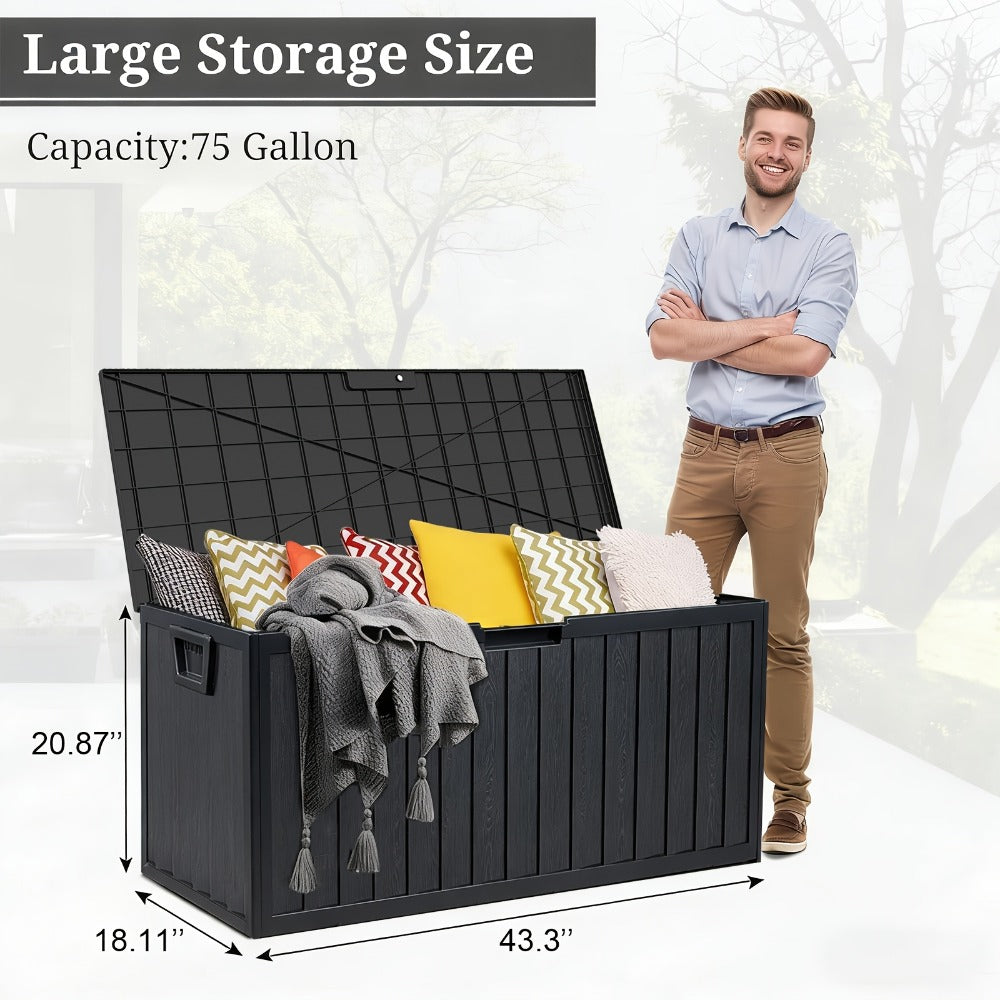 75 Gallon Outdoor Storage Box Waterproof Deck Box with Handles & Wheels ¨C Large Patio Storage Cabinet for Pool Accessories, Garden Tools & Outdoor Furniture | Easy Assembly Lockable Deck Storage Chest
