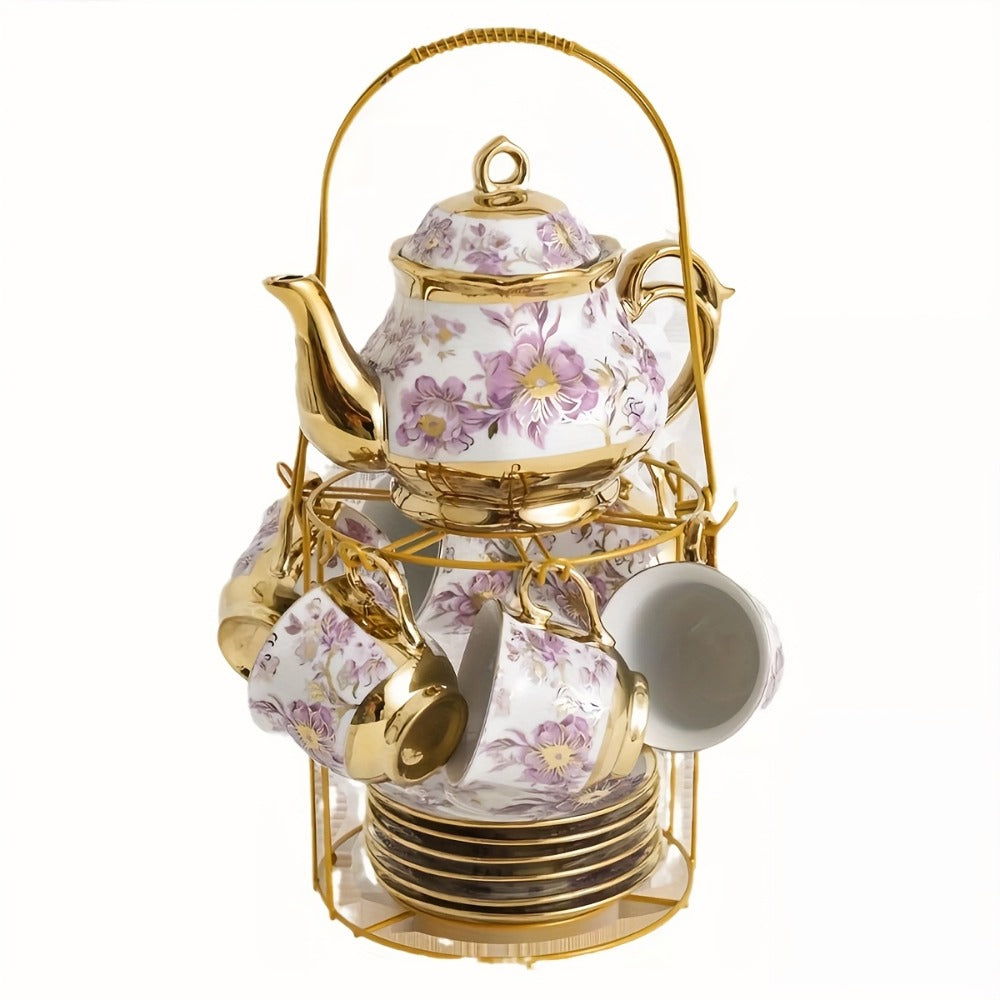 European Floral Ceramic Tea Set 20 Pcs ¨C Italian Style Afternoon Tea Set with Metal Stand ¨C Blooming Pattern Teapot & Cups ¨C Elegant Gift for Tea Lovers & Special Occasions ¨C Golden