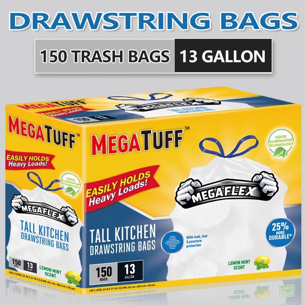 Drawstring Trash Bags 13 Gallon, 150 Count Tall Kitchen Garbage Bags, Puncture & Tear Resistant, Odor Eliminator Technology, Lemon Mint Fresh Scent, Disposable Drawstring Waste Bags for Kitchen Bathroom Office