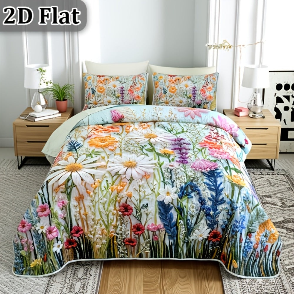 Comforter Set 2 3 Piece Colorful Floral Print Quilt with Pillowcases, Soft Breathable Hypoallergenic Machine Washable Quilted Bed Cover for Twin Full Queen King, Boho Flower Bedding Room Decor