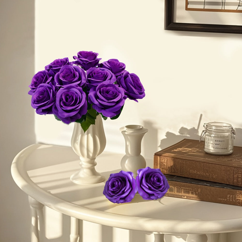 10pcs Artificial Silk Roses Bulk - Fake Flowers for Wedding Home Decor, 19.69¡± Long Stem, Deep Purple & Dark Green