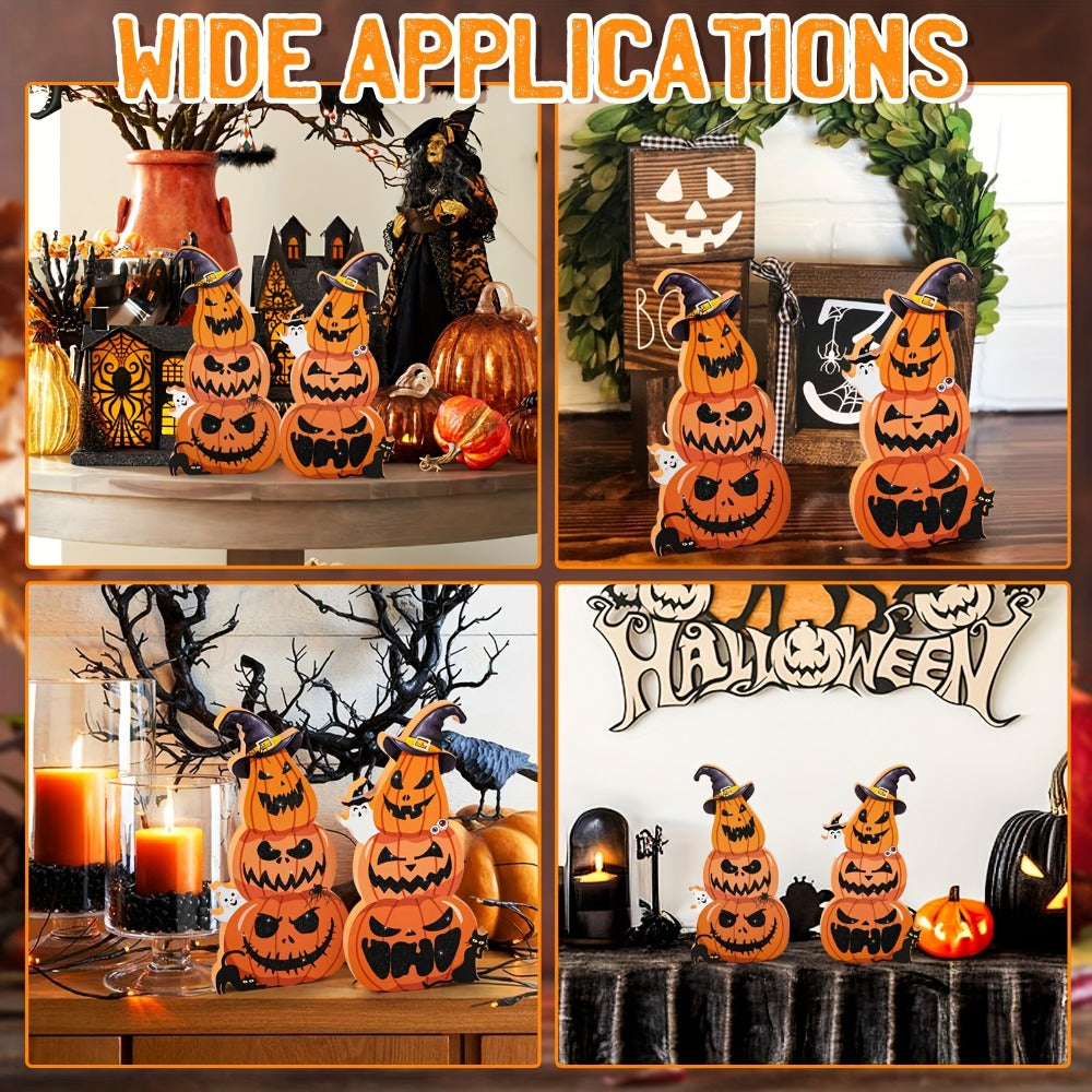 Halloween Tiered Tray Decor Set of 2 ¨C Glittery Wooden Pumpkin Stack with Witch Hat, Spooky Centerpiece for Autumn & Fall Home Decoration, Halloween Tabletop Ornament & Seasonal Tiered Tray Accessory
