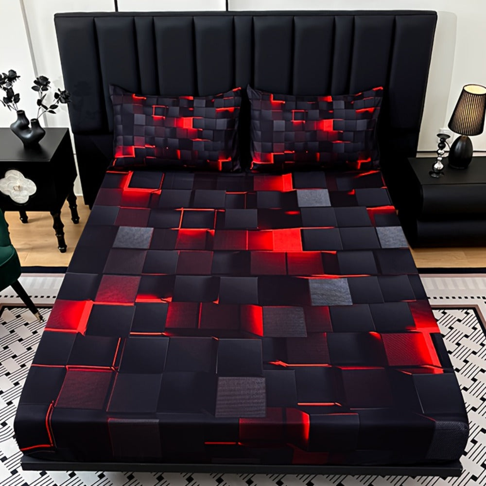 Fitted Sheet Set 3pcs Plaid Digital Print Deep Pocket 15¡± All Season Bed Sheet + 2 Pillowcases No Filling Twin Full Queen King
