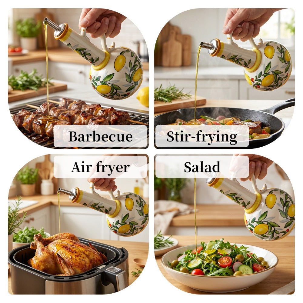 Ceramic Oil and Vinegar Dispenser Set Hand-Painted Underglaze Anti-Drip Leak-Proof Kitchen Oil Bottle with Oil Spout and Foot Pad Olive Green Lemon Yellow