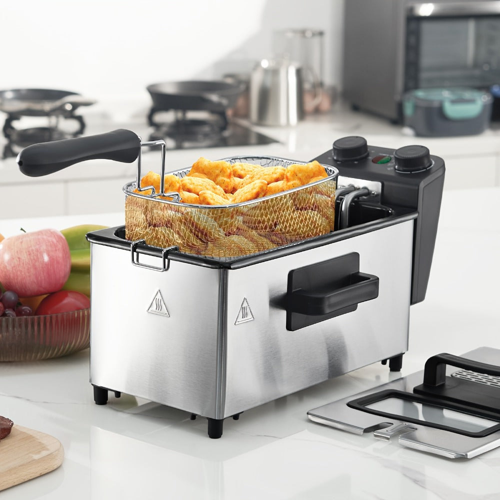 Electric Deep Fryer 1700W, Large Deep Fryer with Adjustable Time & Temperature Control, Stainless Steel Frying Basket, Lid with View Window, 101.44oz / 1.32gal Capacity, Home Kitchen Countertop Fryer
