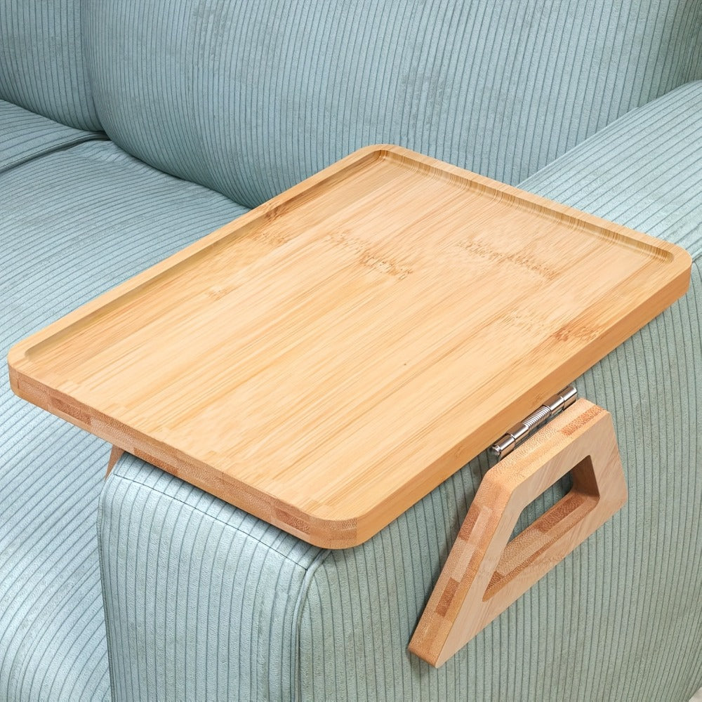 Bamboo Sofa Arm Tray with Folding Legs ¨C Clip-On Couch Armrest Table for Snacks Drinks Remote Control Living Room Bedroom Breakfast Tray Natural Rectangular