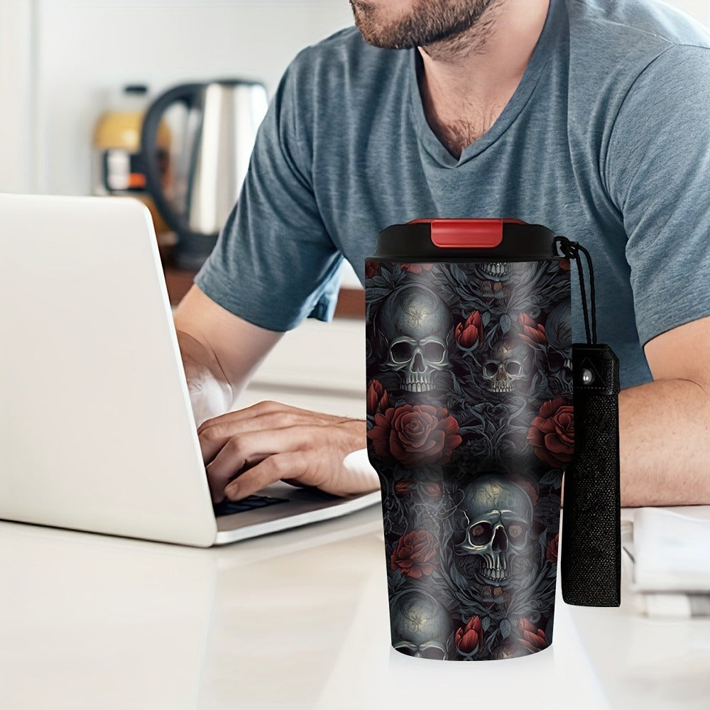 Insulated Tumbler 20oz Gothic Skull & Roses Stainless Steel Travel Mug with Carrying Strap, Coffee Cup Water Bottle for Camping Travel Halloween Gift