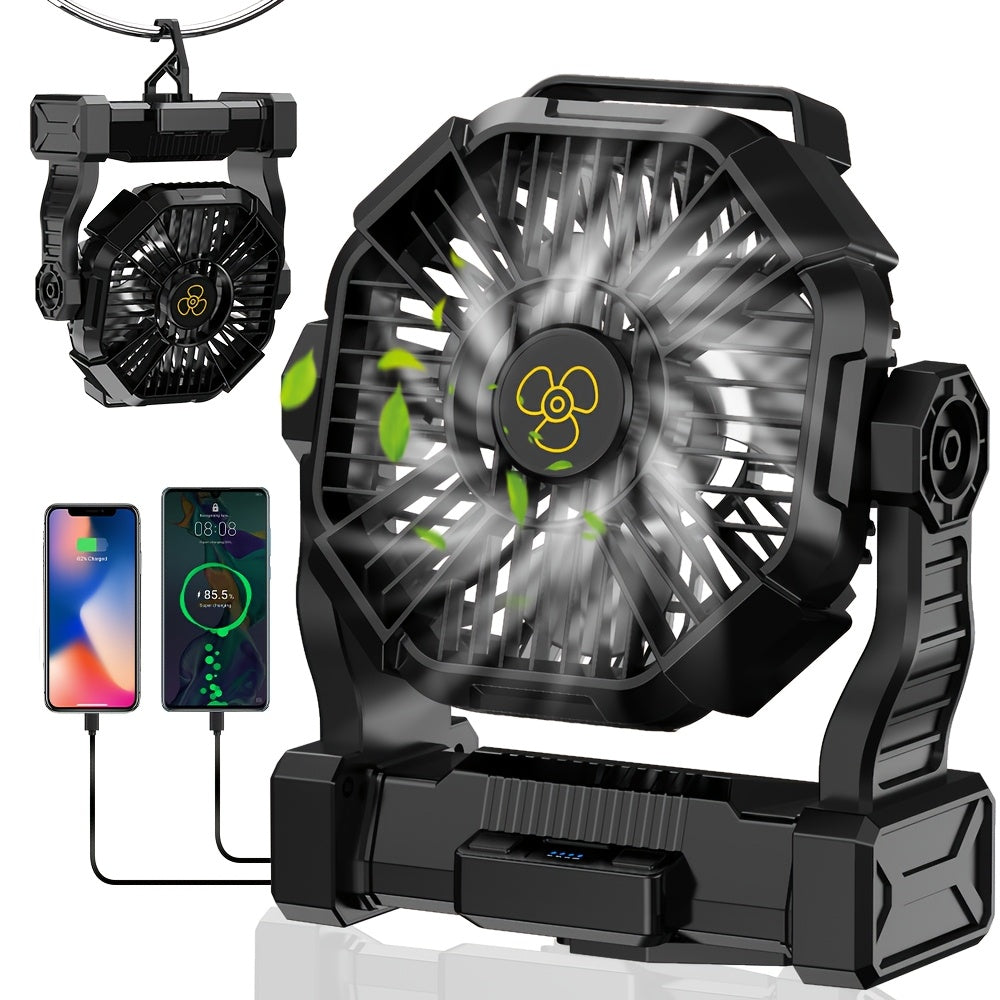 Portable Outdoor Fan 20000mAh, 3-in-1 Rechargeable Camping Fan with LED Lantern & Power Bank, Timer Rotation Hook for Tent Golf BBQ Travel Party Power Outage, Pink Green Black Orange Purple Blue