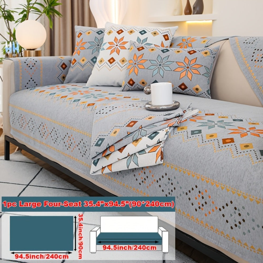 Chenille Sofa Cover Bohemian Style Jacquard Knit Anti-Slip Pet Friendly All Season Sofa Mat Protector - Single 2 3 4 Seater Armrest Backrest Pillow Case Grey White Yellow